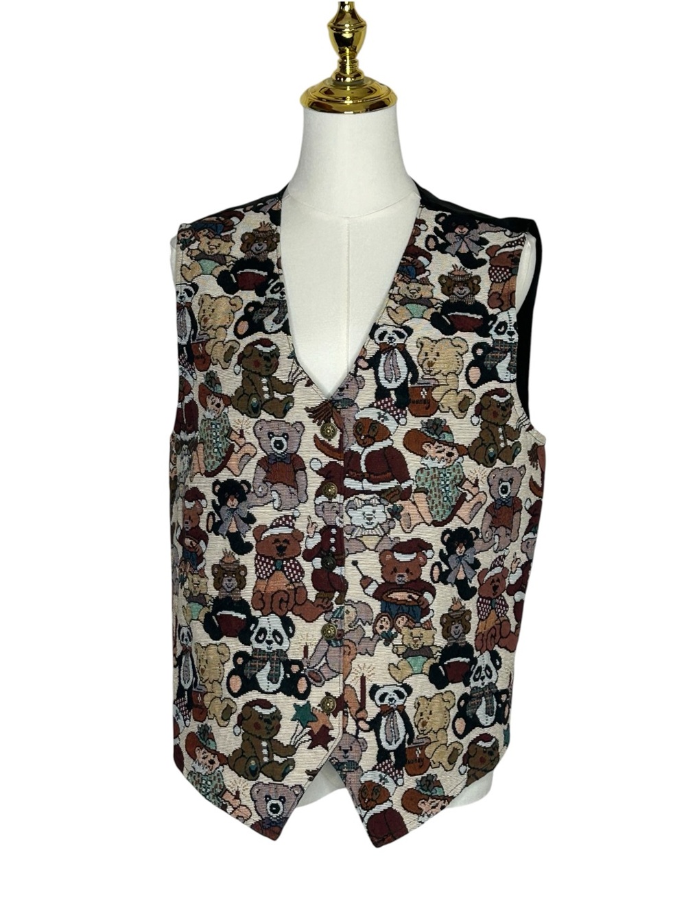 Kitchy Vintage Bobbie Brooks Multi Teddy Bear Tapestry Vest Sz L Teachercore EUC